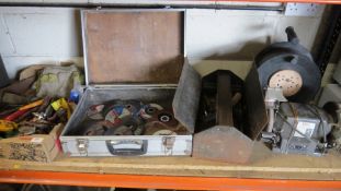 Two tool boxes and contents, a tray of tools, a bench grinder and a 4way extension lead A/F