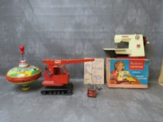 A MIXED TOY LOT, to include Triang mobile crane, boxed Vulcan Countess sewing machine - box A/F