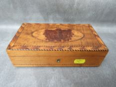 A 19TH CENTURY INLAID SEWING BOX, H 5.5 cm, W 11 cm, L 20 cm