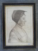 FRANCESCO BARTOLOZZI, an engraving after HANS HOLBEIN, portrait study of a lady, published 1795 by