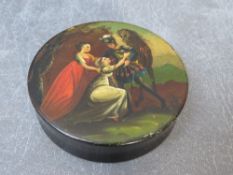 A GEORGIAN PAINTED PAPIER MACHE SNUFF BOX, depicting figures and a horse, Dia. 8.5 cm