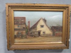 NAIVE SCHOOL 19TH CENTURY OIL ON CANVAS OF AN OLD ENGLISH COTTAGE, part inscription to back 'old