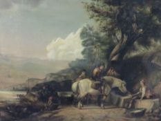 IN THE STYLE OF WILLIAM SHAYER, a 19th century coastal scene with boats, figures and horses,