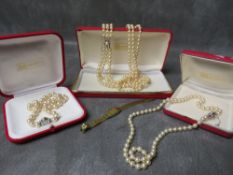 THREE STRINGS OF BOXED MAJORCAN FAUX PEARLS, together with a ladies Rotary dress wristwatch