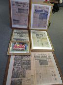 FIVE FRAMED NEWSPAPER PAGES RELATING TO FOOTBALL, to include Sports Argus May 19578 'Claret and Blue