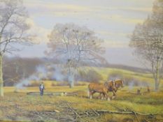 PAUL MORGAN (XX). British school, wooded landscape with figures and horses logging, signed lower