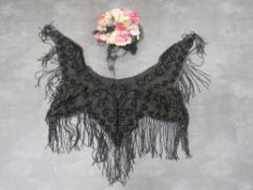 A VICTORIAN BEADWORK CAPE, heavily embellished with beadwork fringe, together with a vintage hat (