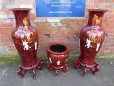 A LARGE PAIR OF CONTEMPORARY EASTERN PORCELAIN BALUSTER VASES ON STANDS, together with a large