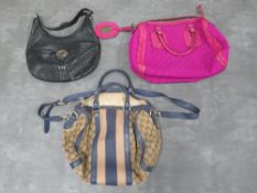 GUCCI - a brown canvas GG monogram bowling style handbag / shoulder bag, with blue leather strap,