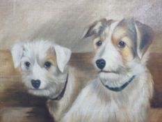 M.H. (XIX-XX). Study of two terriers, signed with initials lower left, oil on canvas, framed, 39 x