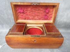 A 19TH CENTURY ROSEWOOD TEA CADDY, with brass handles, H 17 cm, W 16 cm, L 31 cm
