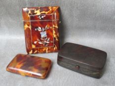 A 19TH CENTURY TORTOISESHELL CARD CASE, together with a tortoiseshell box and a cigarette case (3)