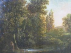A 19TH CENTURY ENGLISH SCHOOL WOODED RIVER LANDSCAPE, with figures, dog and animals in background,