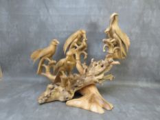 A FINELY CARVED SIX BIRD WOODEN TABLE CENTERPIECE / ORNAMENT, approximate W 67 cm, H 48 cm