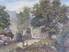 DAVID COX. Wooded rural landscape with farm buildings and figures, signed and dated 1850 lower left,