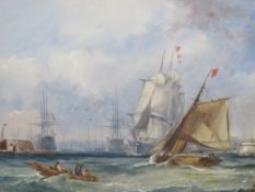 (XIX-XX). Harbour scene with figures, rowing boat and numerous sailing vessels, unsigned, oil on