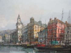 A 20TH CENTURY CONTINENTAL SCHOOL COASTAL TOWN HARBOUR SCENE, with moored sailing vessels, signed