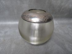 A HEAVY 20TH CENTURY GLASS MATCH STRIKER WITH HALLMARKED SILVER RIM, of globular form, bearing