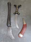 AN EAST AFRICAN SUDANESE BEJA TRIBAL ART KNIFE & LEATHER SHEATH, with fine white metal wirework ,