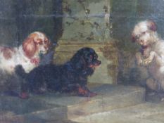 R.S. MOSELEY. Study of three terriers on stone steps, signed and dated 1889 lower left, oil on