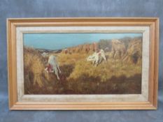 TOM LLOYD (XIX-XX). British school, figure, dog and calves in a hay field 'Who's Left The Gate