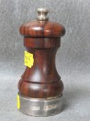 A HALLMARKED SILVER MOUNTED WOODEN PEPPERMILL, H 11 cm