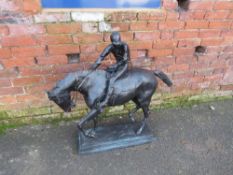 A LARGE BRONZED RACEHORSE AND JOCKEY, on rectangular plinth, H 91 cm, W 106 cm