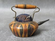 A 19TH CENTURY TUNBRIDGE WARE NOVELTY PIN CUSHION IN THE FORM OF A KETTLE, H 4 cm