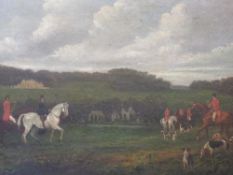 A 19TH CENTURY HUNTING SCENE, with horses, dogs and figures, stately home in background, unsigned,