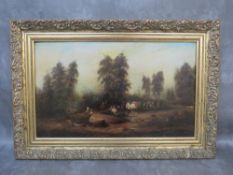 (XIX). Hop pickers camp with figures and horses, inscribed on stretcher verso (relined), unsigned,