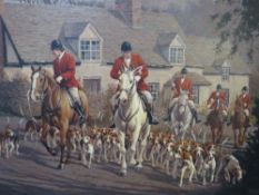 R. MOSELEY (XX). British school, village scene with huntsmen on horseback and a pack of hounds,