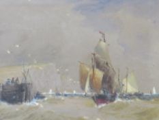 T.B. HARDY. A stormy coastal scene with figures on harbour wall and sailing vessels in a heavy