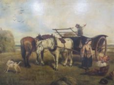 LEICESTER COLLINGWOOD. Rural haymaking scene with figures, horses, dog and farmstead, signed and