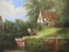 PAUL J. ATTFIELD (XX). English school, rural wooded river scene with cottage, mill and figure