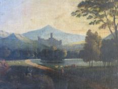 A 19TH CENTURY CONTINENTAL SCHOOL WOODED MOUNTAINOUS LANDSCAPE, with building, figures amd