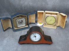 A MINIATURE MANTLE CLOCK, together with two Art Deco cased clocks