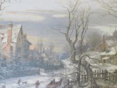 J. COX. (XIX-XX). Winter village scene, with horse, cart, figures and dog, signed lower middle,