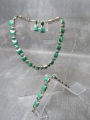 A VINTAGE MEXICAN SILVER & MALACHITE FOUR PIECE PARURE, stamped Mexico 950 to the necklace and