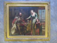 A 19TH CENTURY MEDIEVAL INTERIOR SCENE, with a soldier and his wife, child and dog, unsigned, oil on