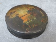 A GEORGIAN PAINTED PAPIER MACHE CIRCULAR SNUFF BOX, Dia. 10 cm