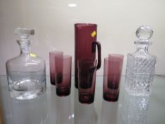 A 1930S WHITEFRIARS AUBERGINE GLASS LEMONADE SET, comprising a pitcher and five glasses, together