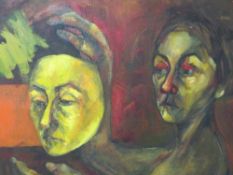 A 20TH CENTURY MODERNIST STUDY OF A FEMALE HOLDING A MASK, indistinctly signed lower left, oil on