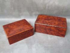 TWO ART DECO AMBOYNE CIGARETTE BOXES, 16 x 10 x 6 cm and 13 x 10 x 5 cm
