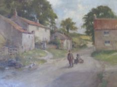 OWEN BOWEN (1873-1969). A rural village scene with figures and ducks, signed and dated 1899 lower