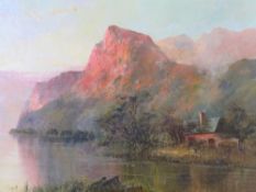 IN THE STYLE OF F.E. JAMIESON (fl.1910-1940). Mountainous lake scene with cottage, unsigned, oil