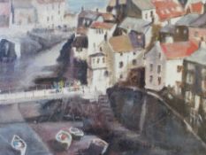 P. HARWOOD (XX). British school, impressionist coastal scene with boats in harbour, signed lower