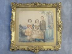 A 19TH CENTURY FAMILY PORTRAIT STUDY OF THREE CHILDREN, landscape beyond, unsigned, watercolour,