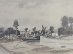 CLAUDE MUNCASTER (1903-1974). Wooded river landscape, with boats, figures and windmill, signed and