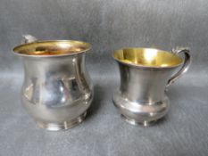 TWO 19TH CENTURY OLD SHEFFIELD PLATE TANKARDS, H 7 cm and 8 cm