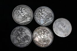 QUEEN VICTORIA CROWNS, 1888, 1893, 1896 x 2, along with a George III example (date worn) (5)